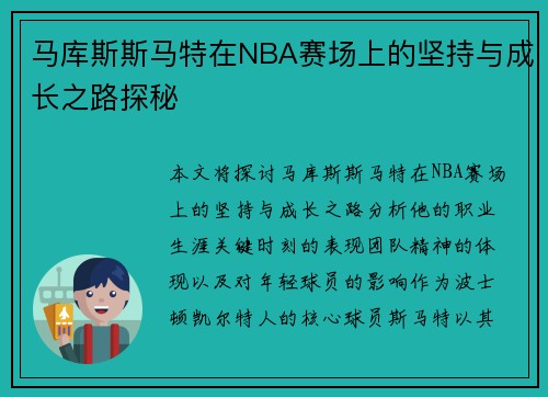 马库斯斯马特在NBA赛场上的坚持与成长之路探秘